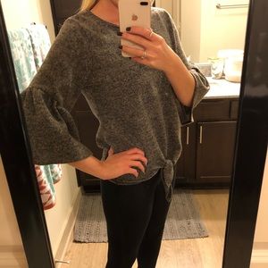 Grey tie front sweater with bell sleeves